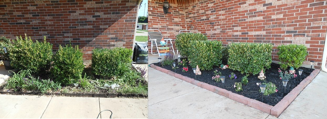 Before and after of a shrub bed cleaned up and re-mulched with fresh stone edging